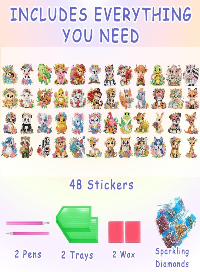 xackcme 48 Pcs Diamond Art Painting Sticker Kits for Kids, Animal Diamond Gem Stickers Kit, 5D Animals Gem Art Stickers Mosaic for Kids Gift for Boys Girls 4-8-10-12 Years Old - Image 2